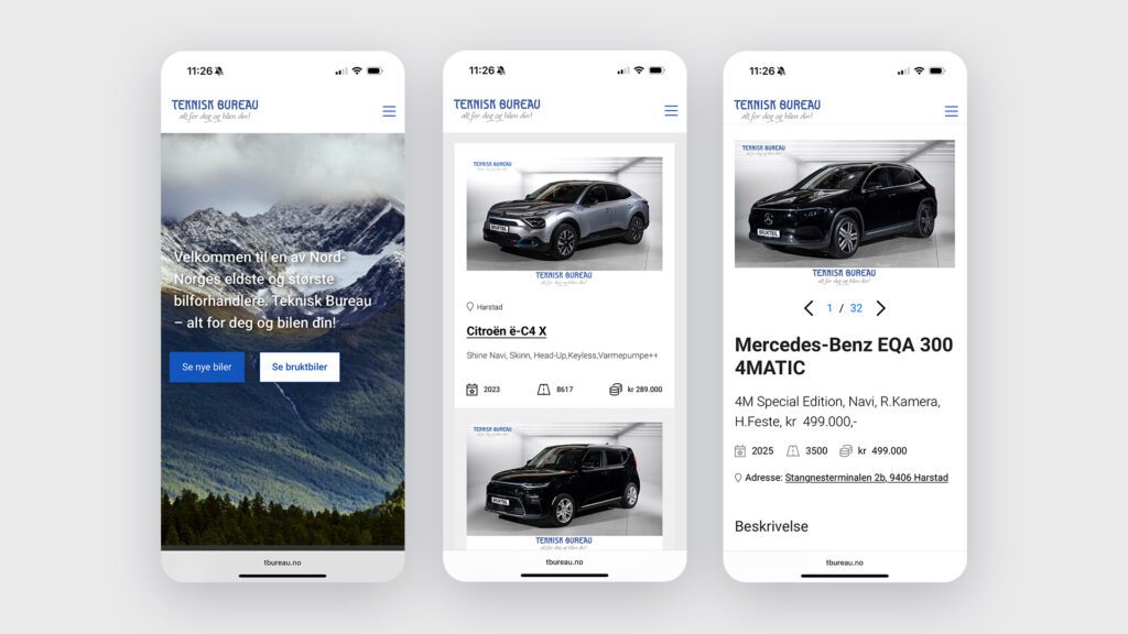 Bilder av nettsiden på mobilskjermer