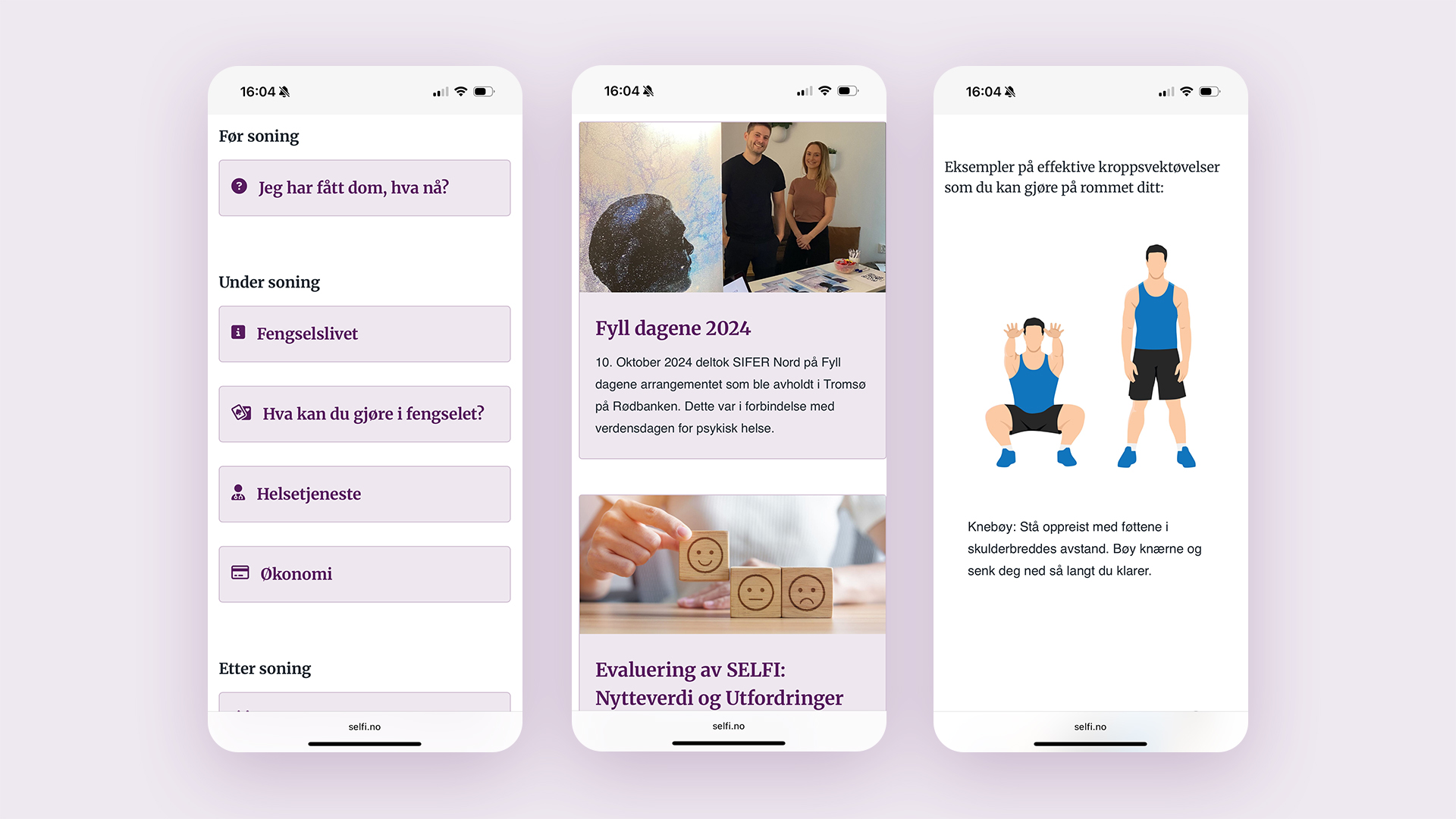 Bilder av nettsiden på mobilskjermer