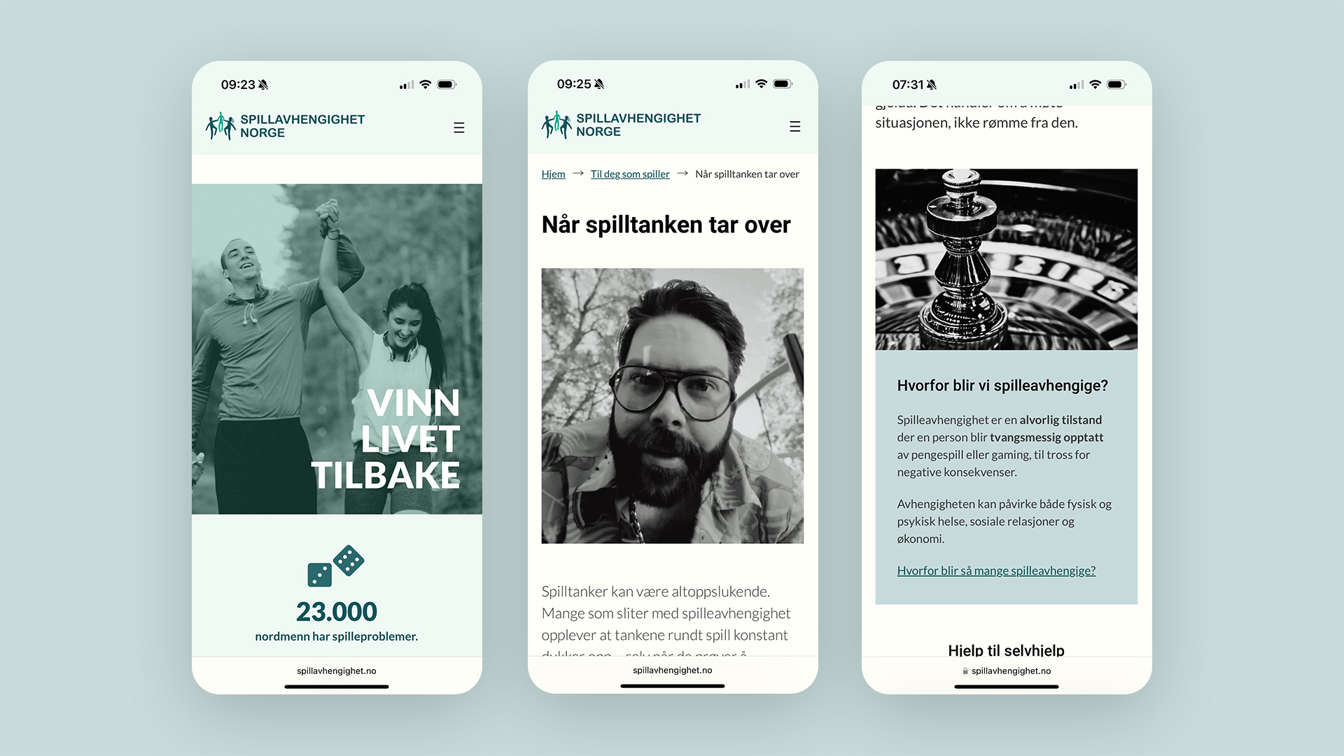 Bilder av ulike deler av nettsiden på mobil