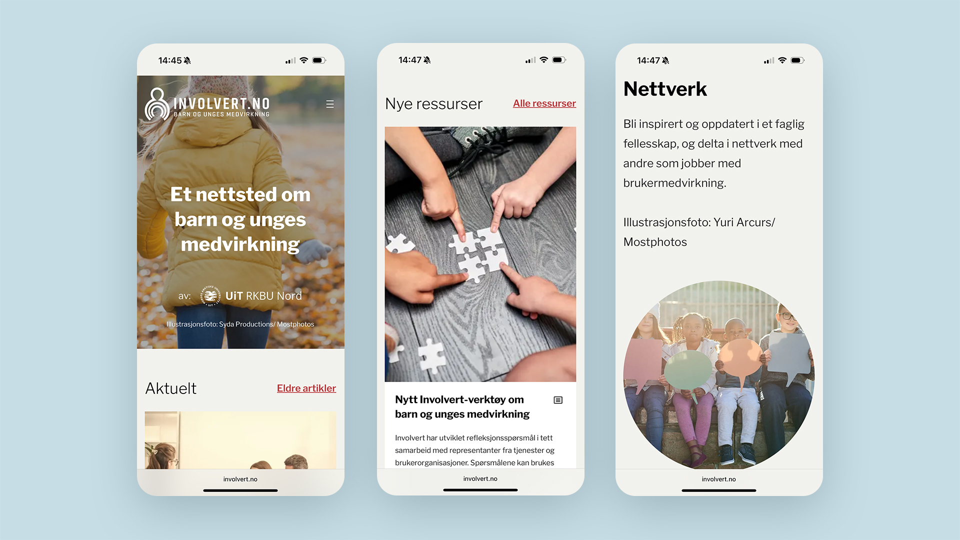 Bilder av ulike deler av nettsiden på mobil