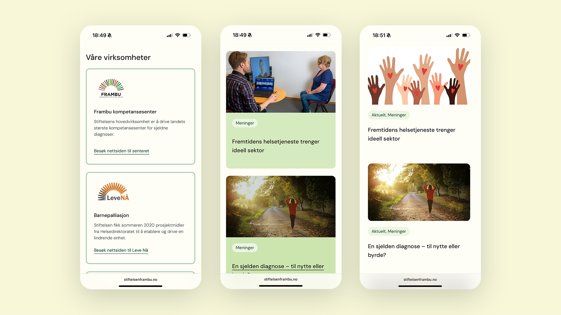 Mockup av nettsiden på mobilskjermer